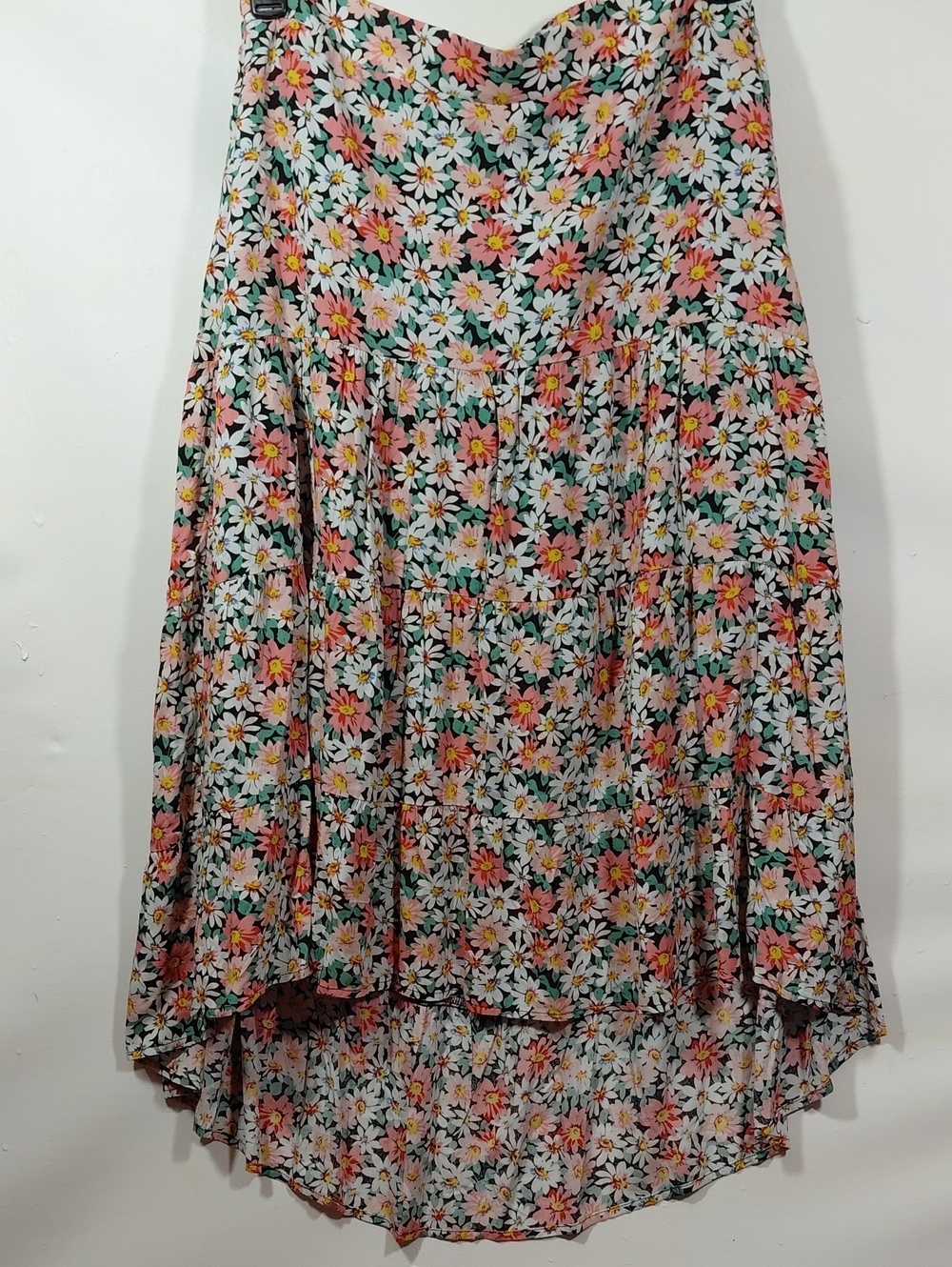 Floral Daisy Tiered High-Low Hem Skirt Elastic Waist Pink/White Black Size LG